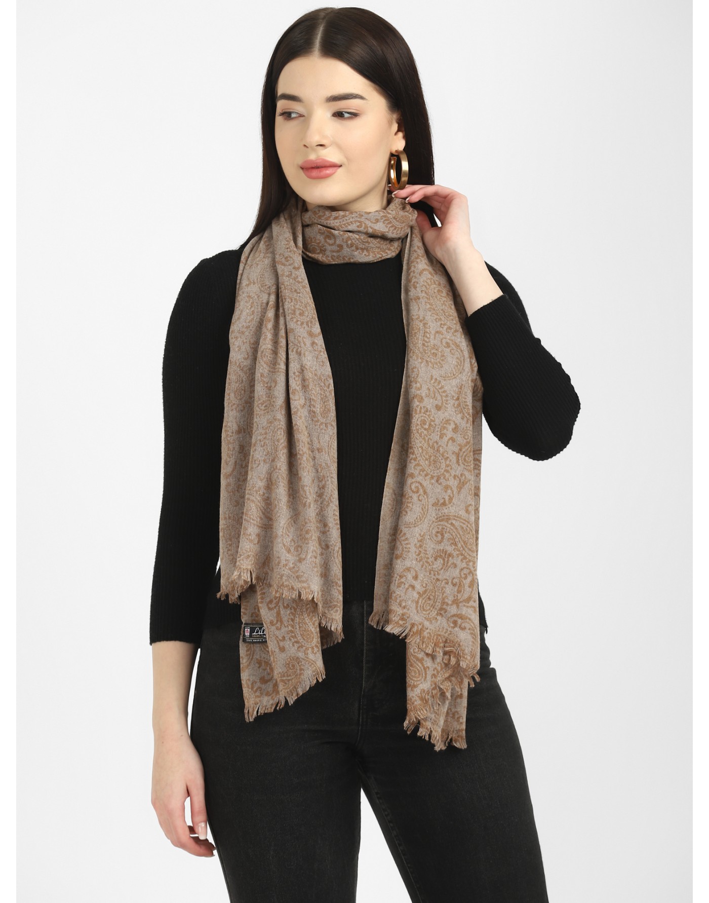 Shop Women stole printed design camel at Woollen Wear